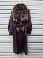 Vintage Long Leather Coat with Removable Fur Collar Brown Women's