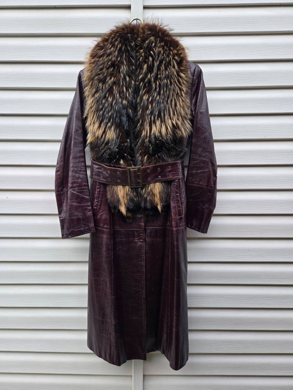 Vintage Long Leather Coat with Removable Fur Collar Brown Women's