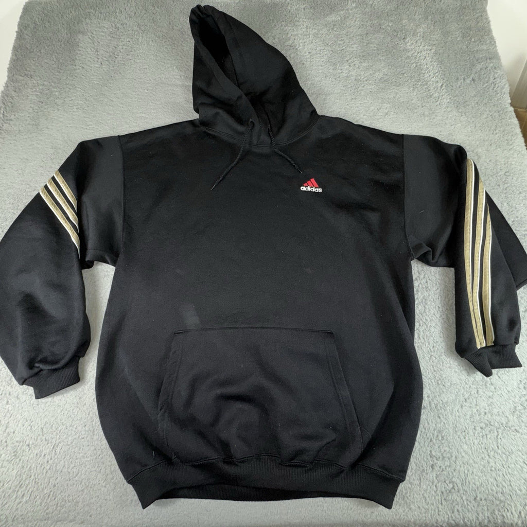 VTG 90s Adidas Hoodie Men Large Black Gold Stripes Athletic Pullover Made In USA