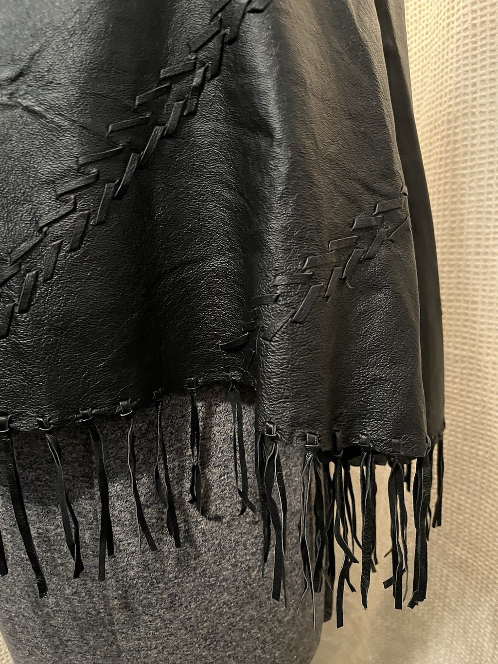 Vintage 90s Black Leather Whip Stitch Fringe Poncho Shawl Black Medium
