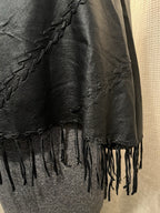 Vintage 90s Black Leather Whip Stitch Fringe Poncho Shawl Black Medium