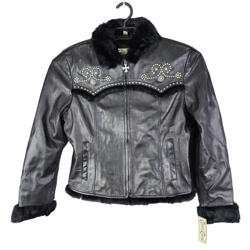 Cripple Creek Studded Black Leather Jacket with Faux Fur Large