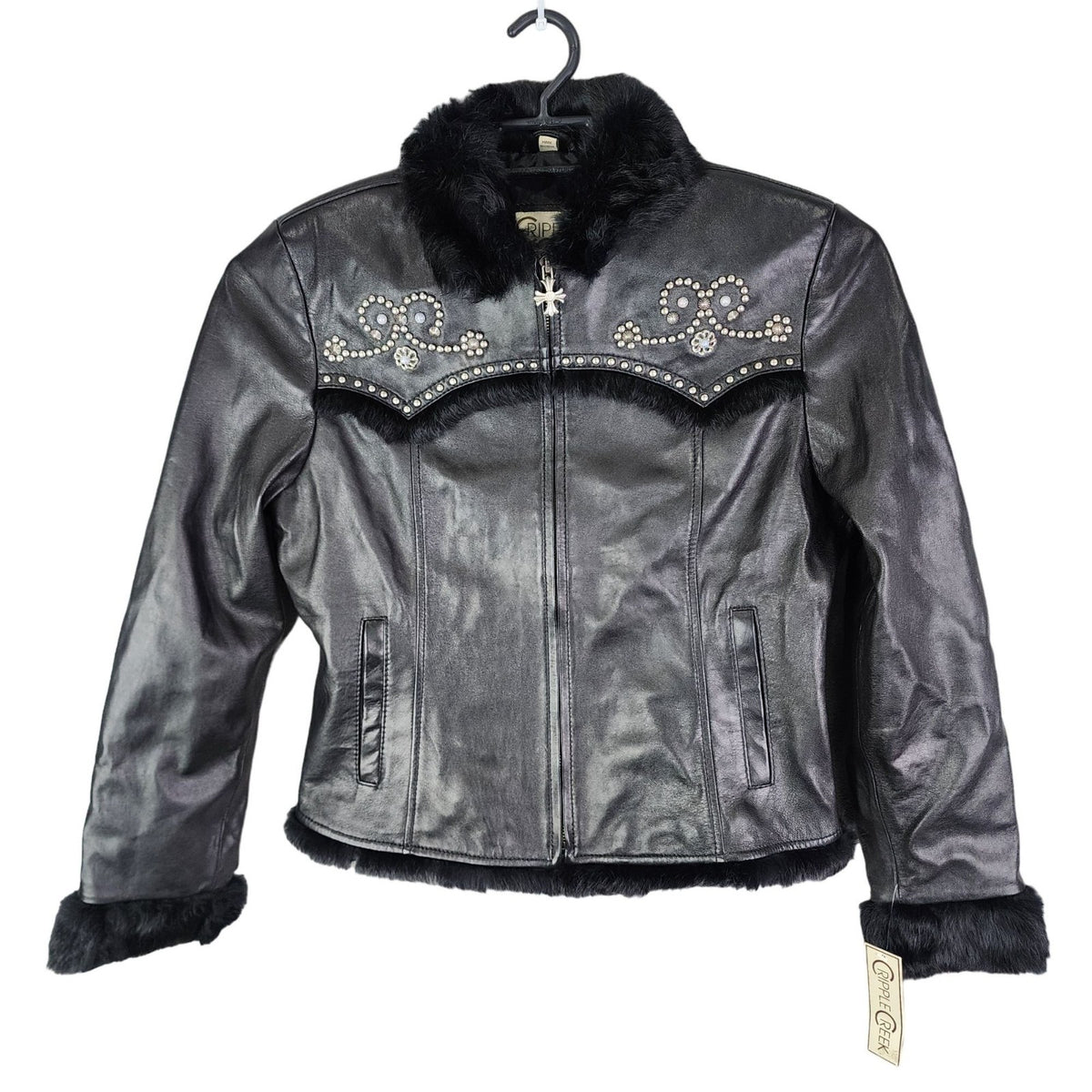 Cripple Creek Studded Black Leather Jacket with Faux Fur Large