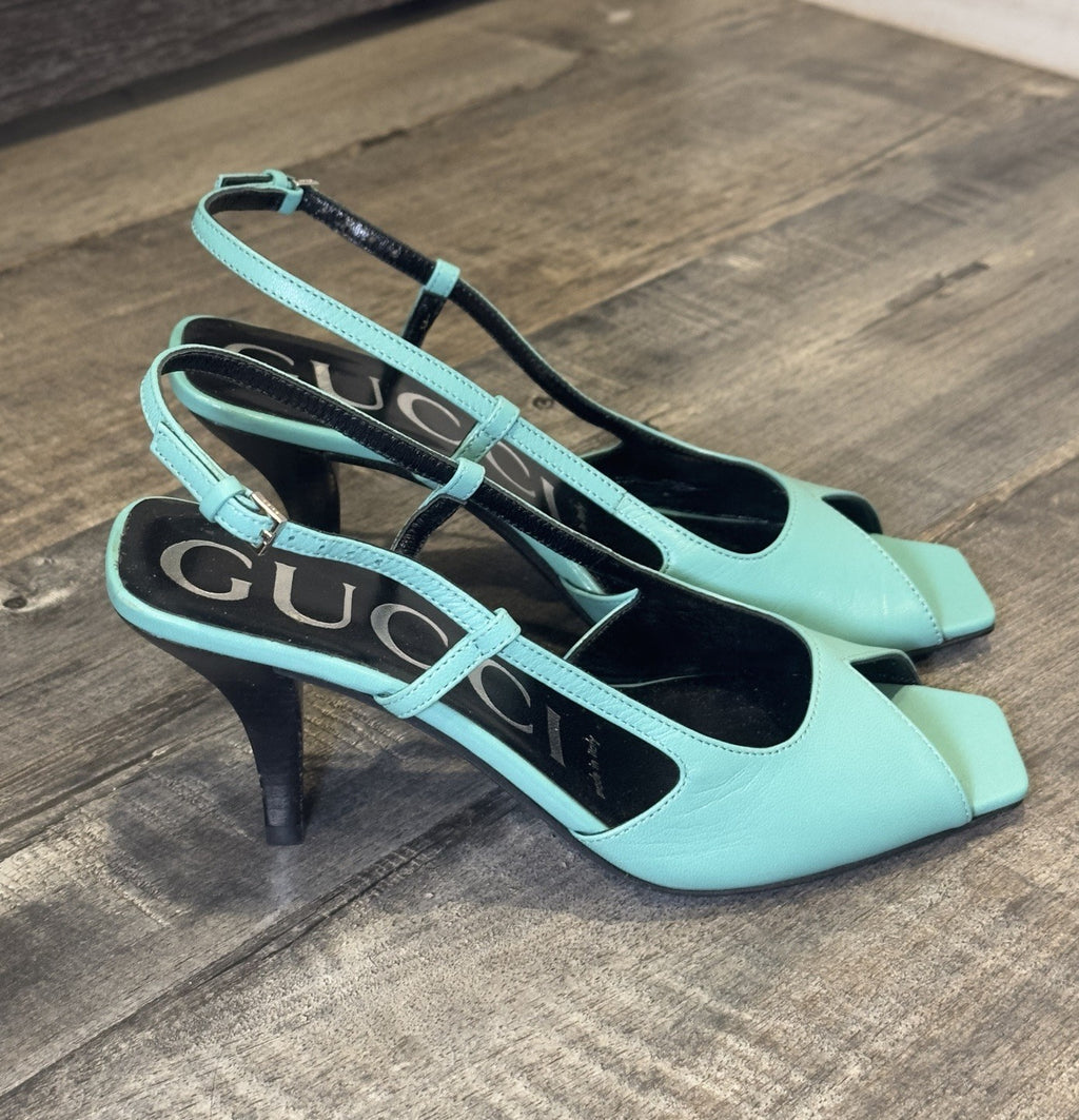 Gucci Turquoise Leather Slingback Heels Square Toe Pumps Women’s Size 34.5 Italy