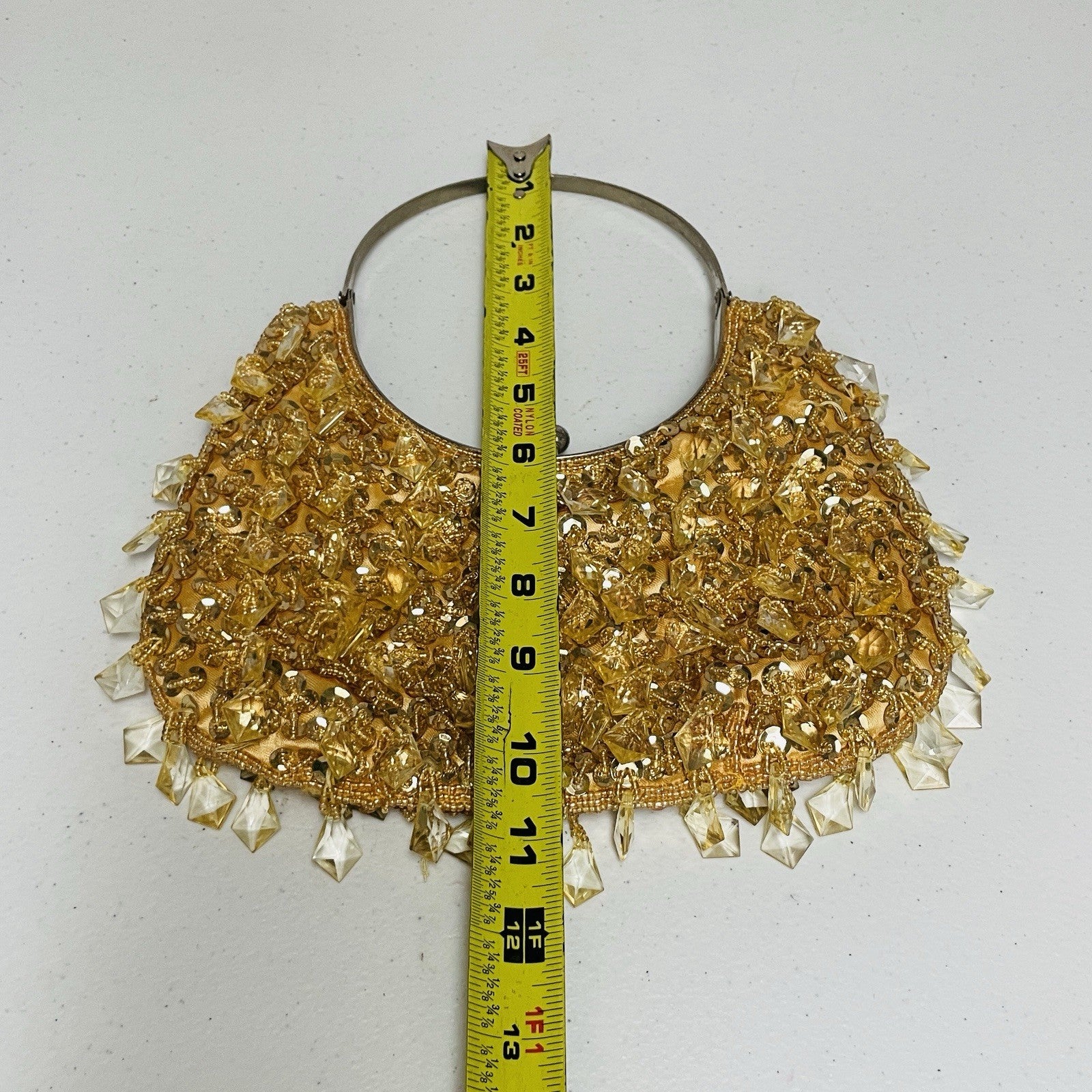 Vintage 70s Beaded Clutch Handbag Purse Gold Beaded Sequin Kiss Lock Frame