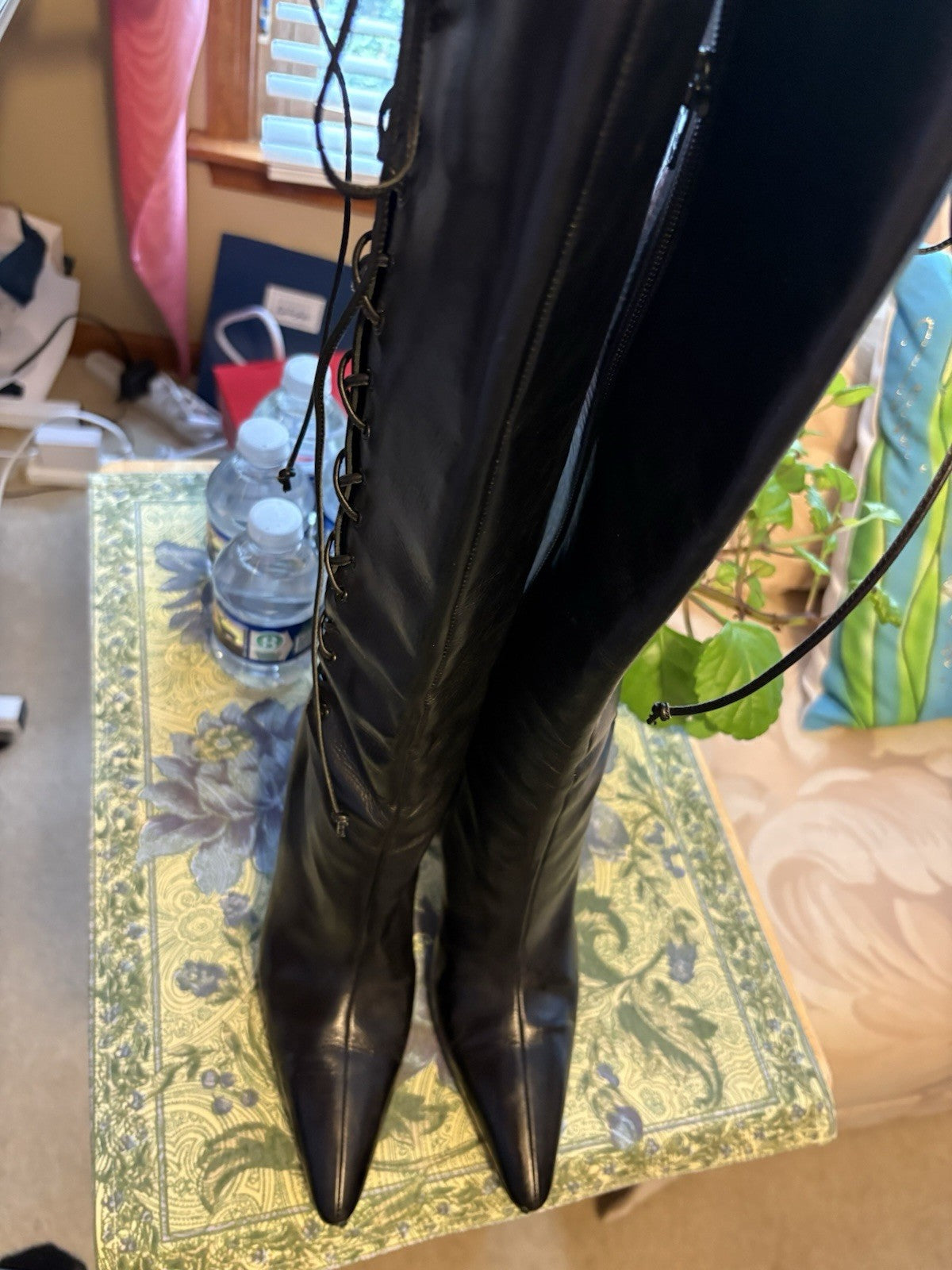 Manolo Blahnik Black Leather Knee High Pointed Toe Stiletto Boots US 6