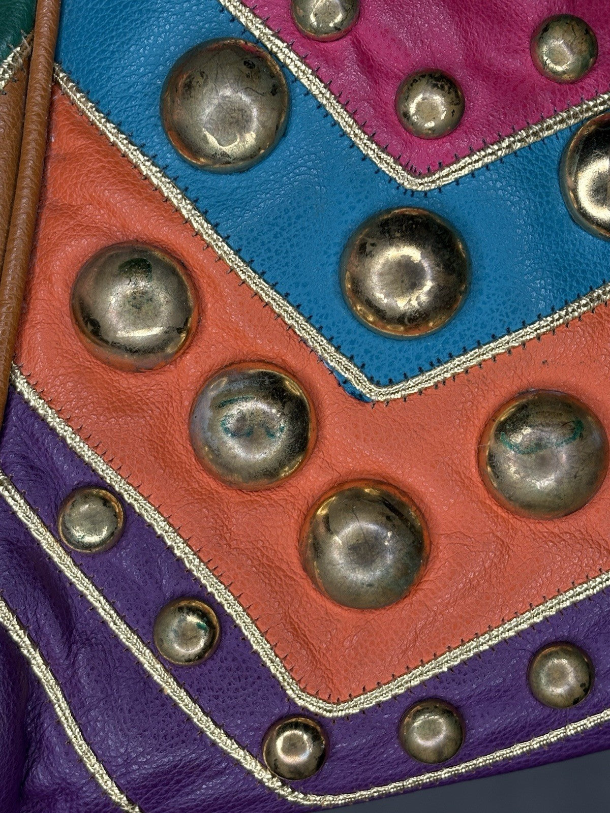 Vintage 1980s Patchwork Leather Studded Shoulder Bag Multicolor