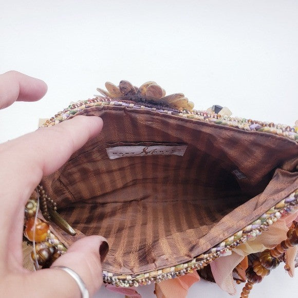 Mary Frances Beaded Tulle Ruffle Wicker Shoulder Bag Mother of Pearl Earthtones