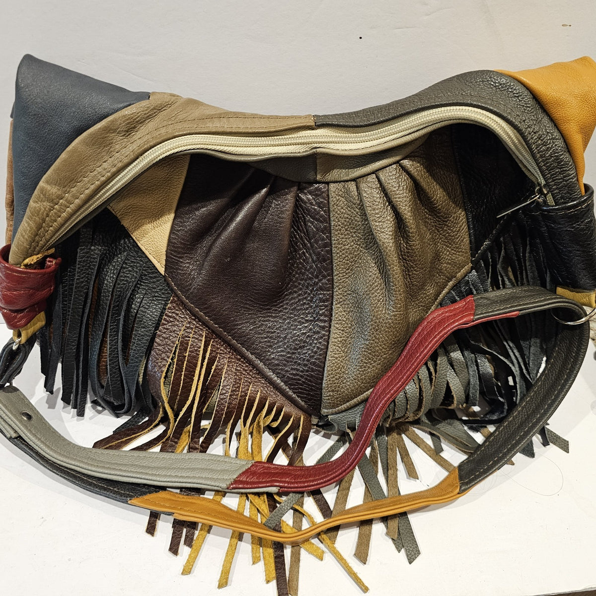 Vintage Leather Patchwork Fringe Hobo Bag