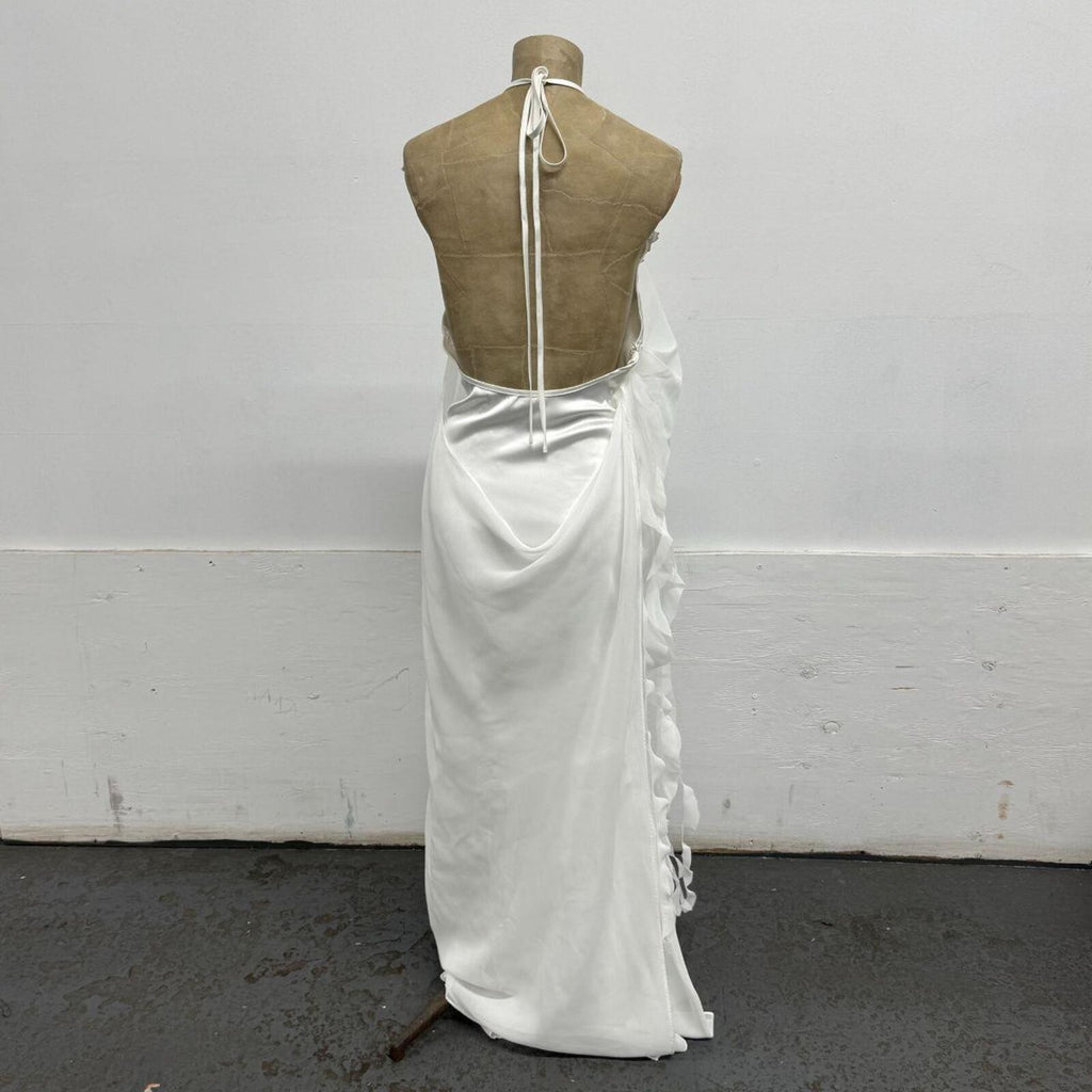 White Sculptural Halter Gown with Cascading Chiffon