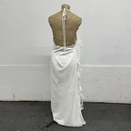 White Sculptural Halter Gown with Cascading Chiffon