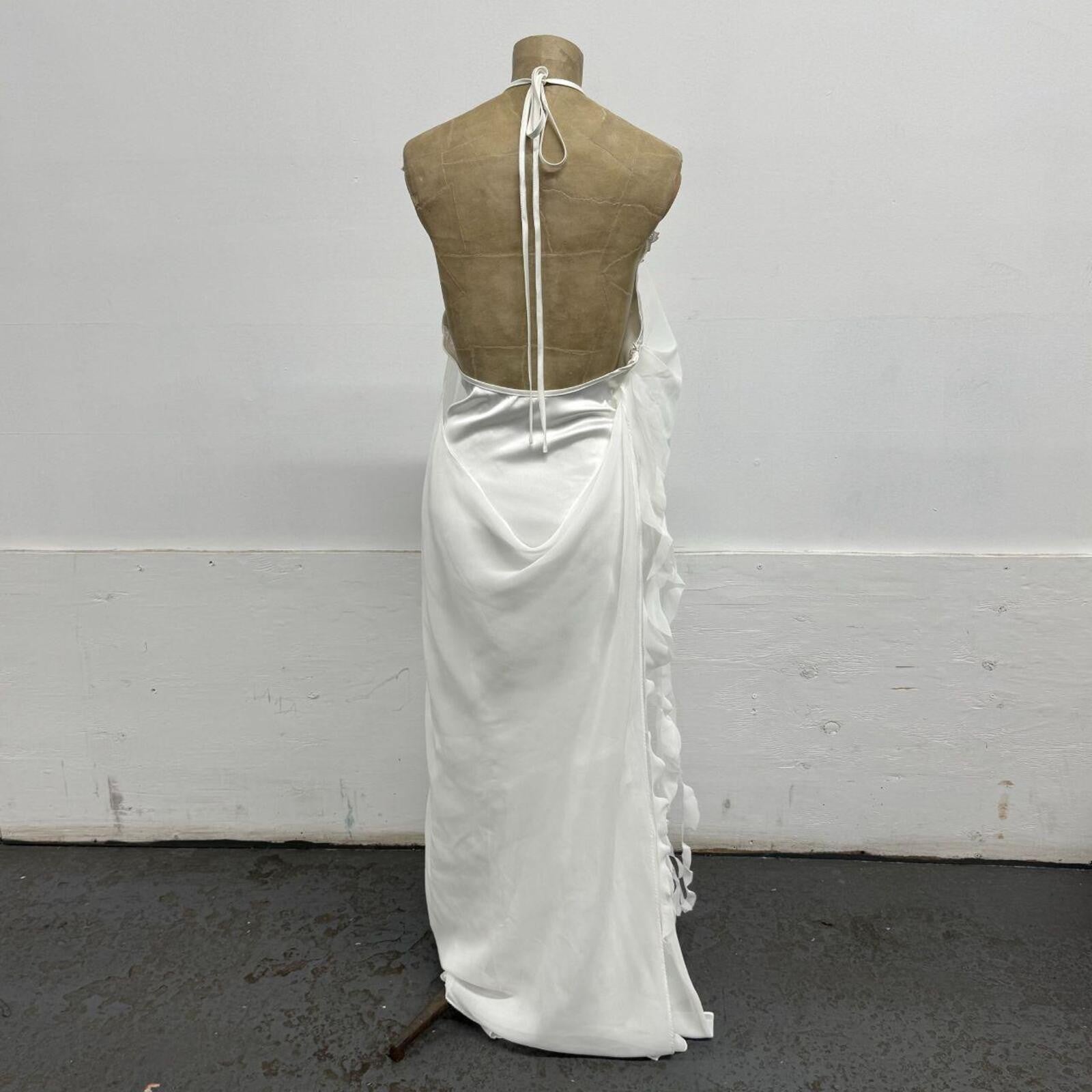 White Sculptural Halter Gown with Cascading Chiffon