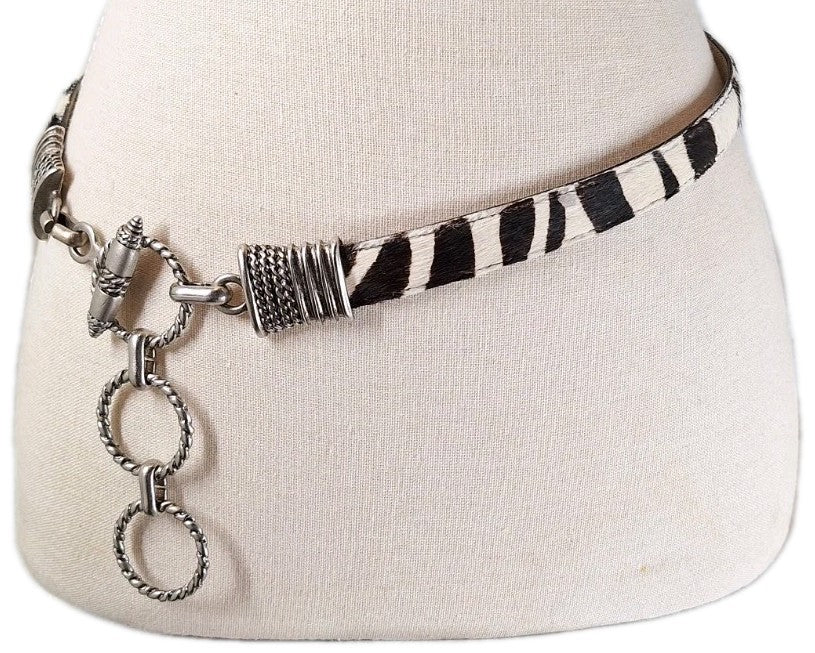 VTG Genuine Leather Calf Hair-On-Hide Metal Link & Toggle Hip Belt Zebra Pattern
