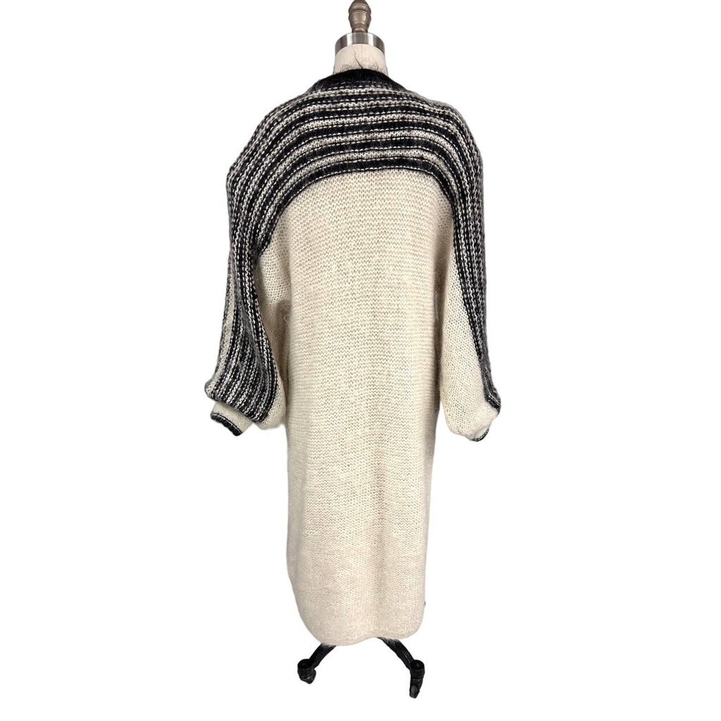VTG 80s Nannell Mohair Sweater Coat Cream Black Striped Yoke Mod Articore M