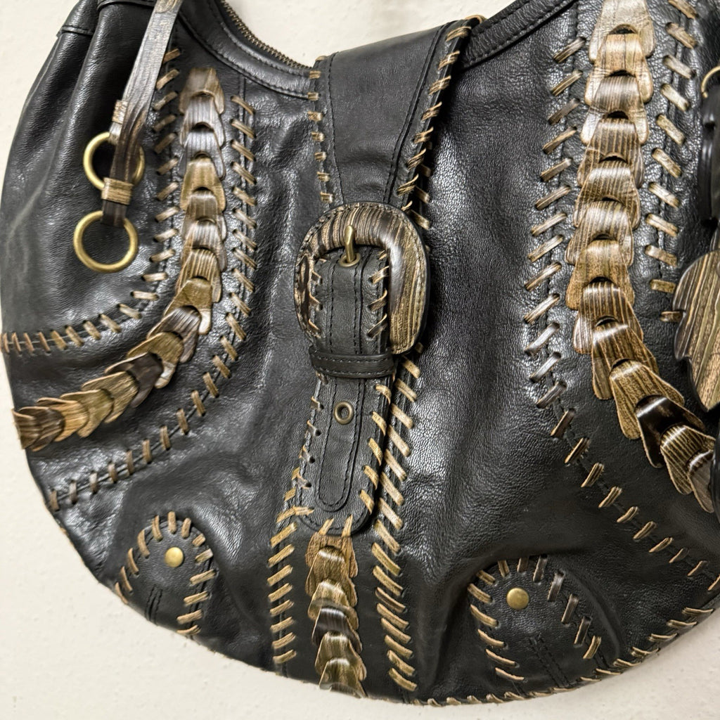 Isabella Fiore Woodland Whipstitch Leather Hobo Bag Black Brown