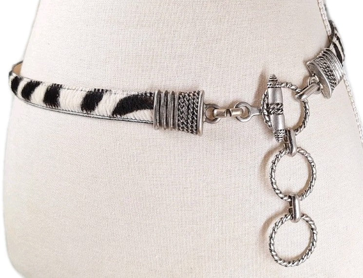 VTG Genuine Leather Calf Hair-On-Hide Metal Link & Toggle Hip Belt Zebra Pattern