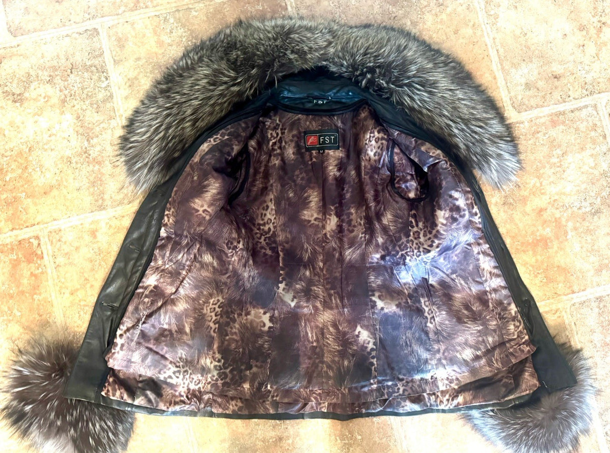 Italian Lamb Skin Leather Jacket with Removable Rabbit Insulation and Silver Fox Trim