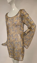 1920s Floral Print Silk Chiffon Blouse with Long Bell Sleeves