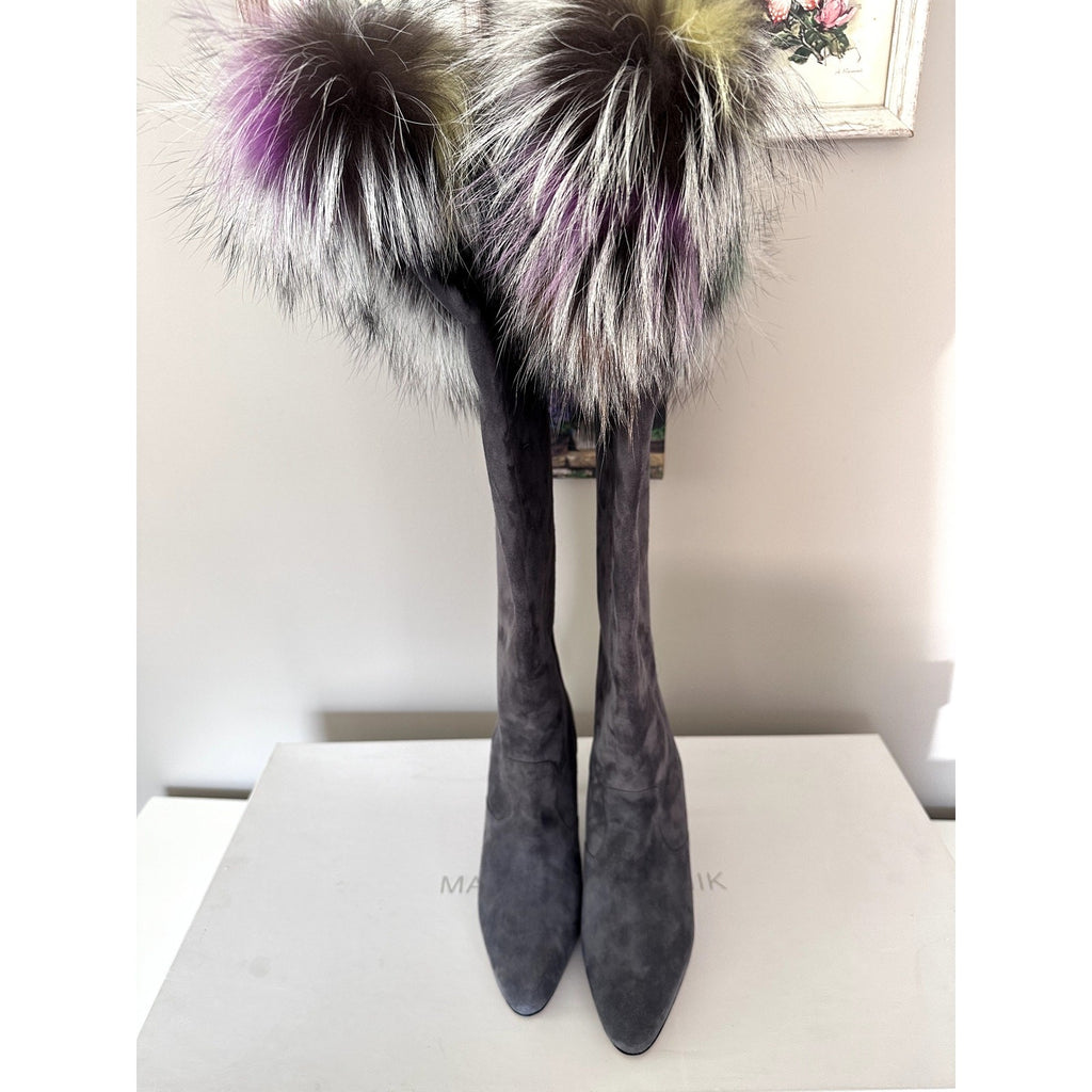 $1995 Manolo Blahnik Likanskim Boots Fur Suede Tall Womens Shoes Gray Size 37.5