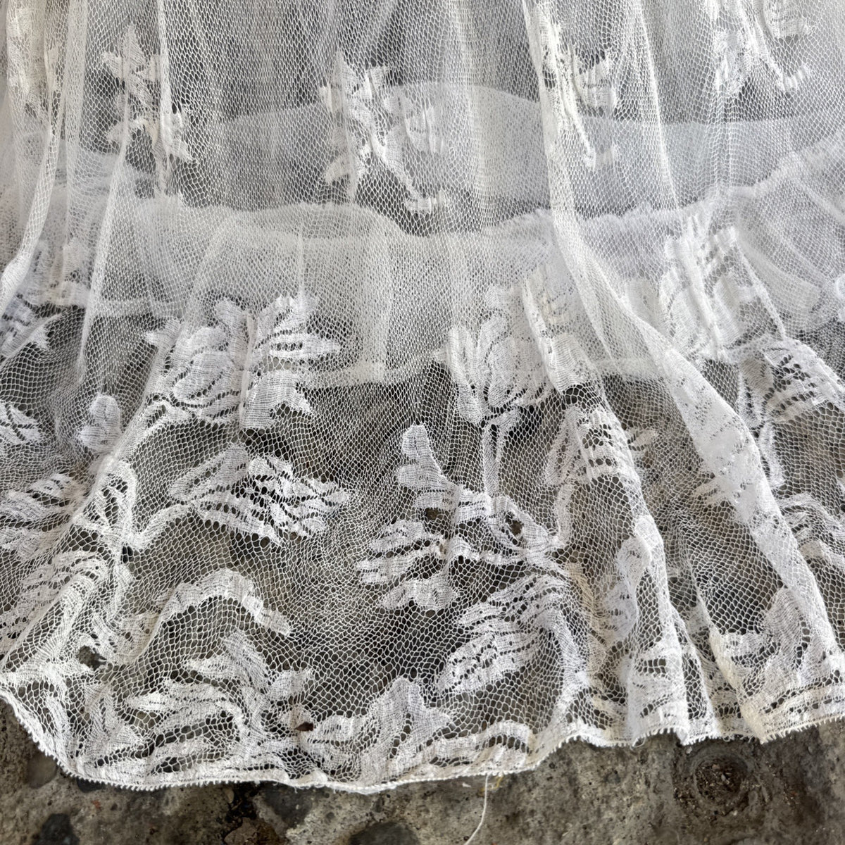 Antique Edwardian White Net Lace Dress Floral Lace Maxi Ruffle Bridal Vintage