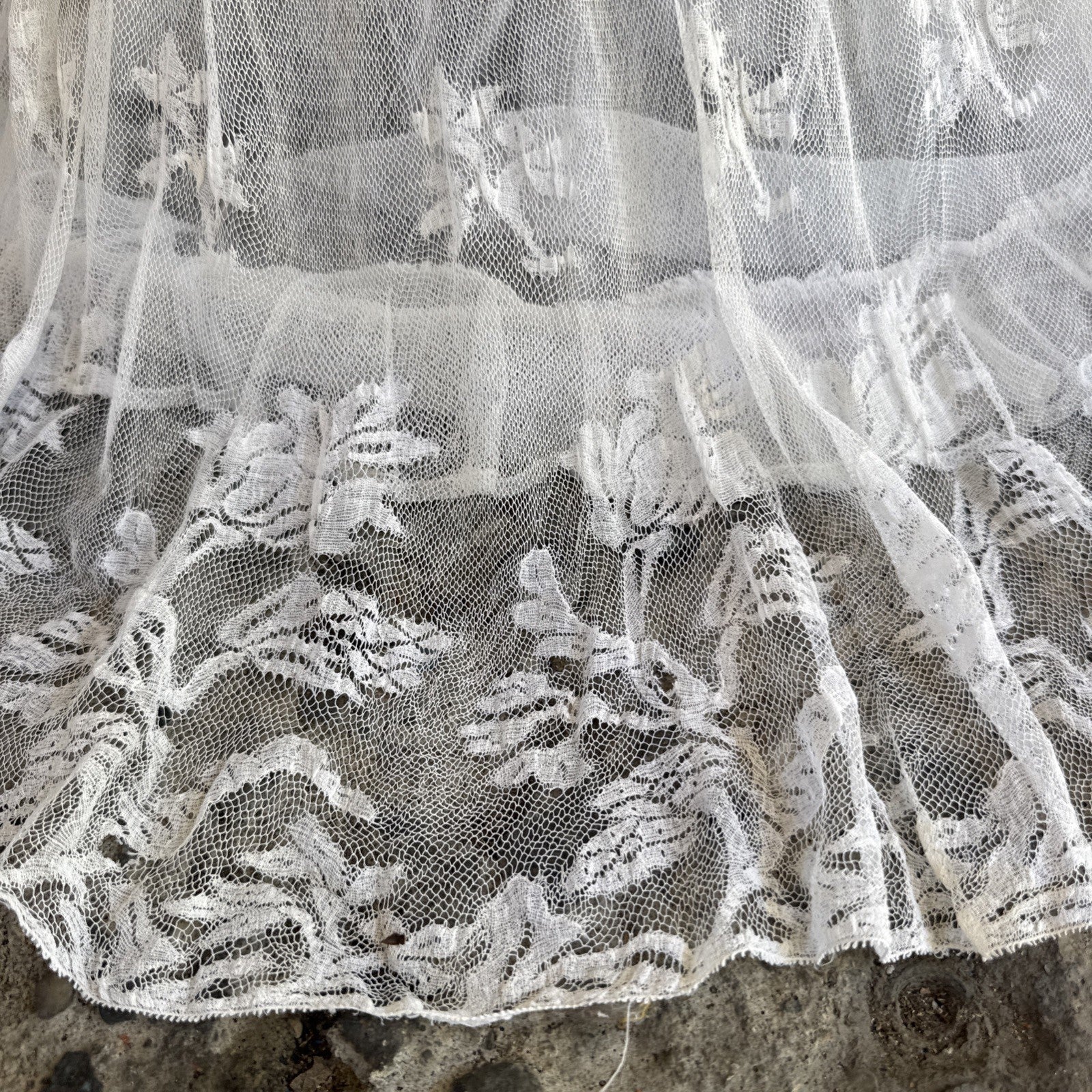 Antique Edwardian White Net Lace Dress Floral Lace Maxi Ruffle Bridal Vintage