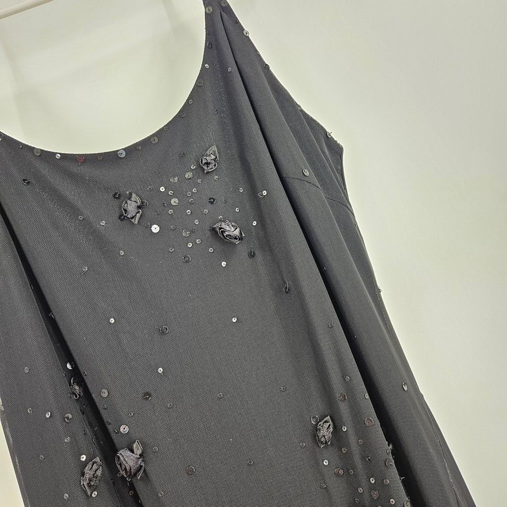 Vintage Cache Dress Black Sequin Flower Mesh Cami