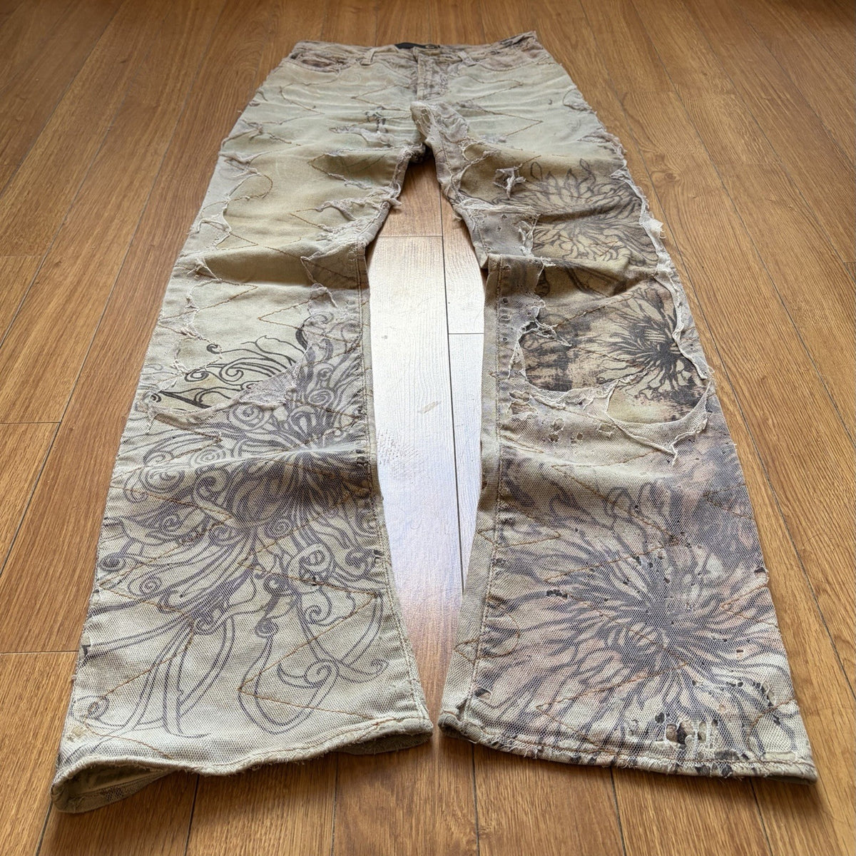 Roberto Cavalli 2003 Printed Denim Jacket and Jeans Set Distressed Floral