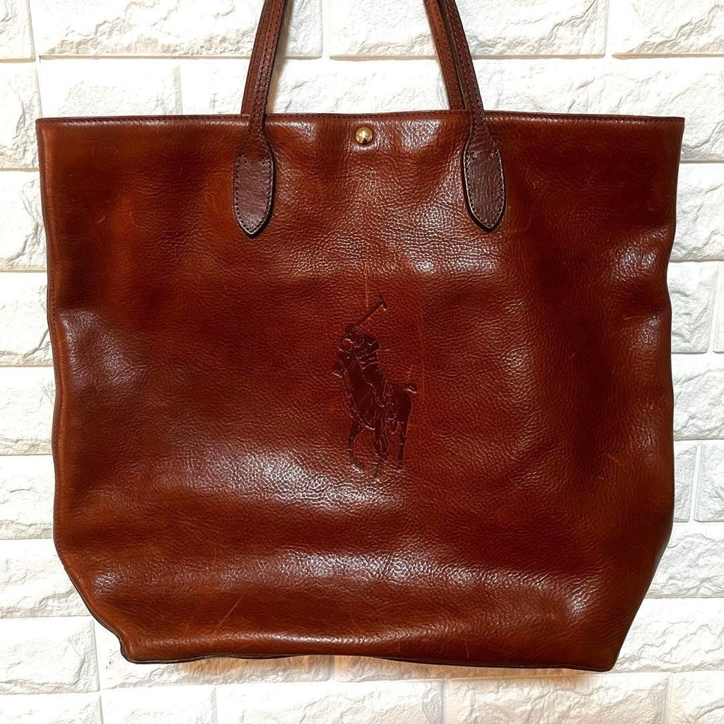 Polo Ralph Lauren Vintage Big Pony Embossed Leather Tote Bag Brown Large