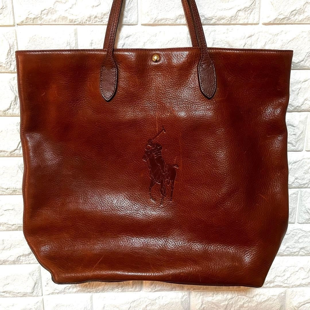 Polo Ralph Lauren Vintage Big Pony Embossed Leather Tote Bag Brown Large
