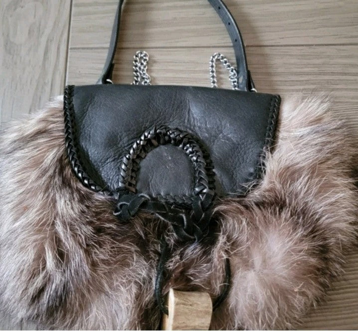 Black Leather Shoulder Bag with Brown Fur Trim