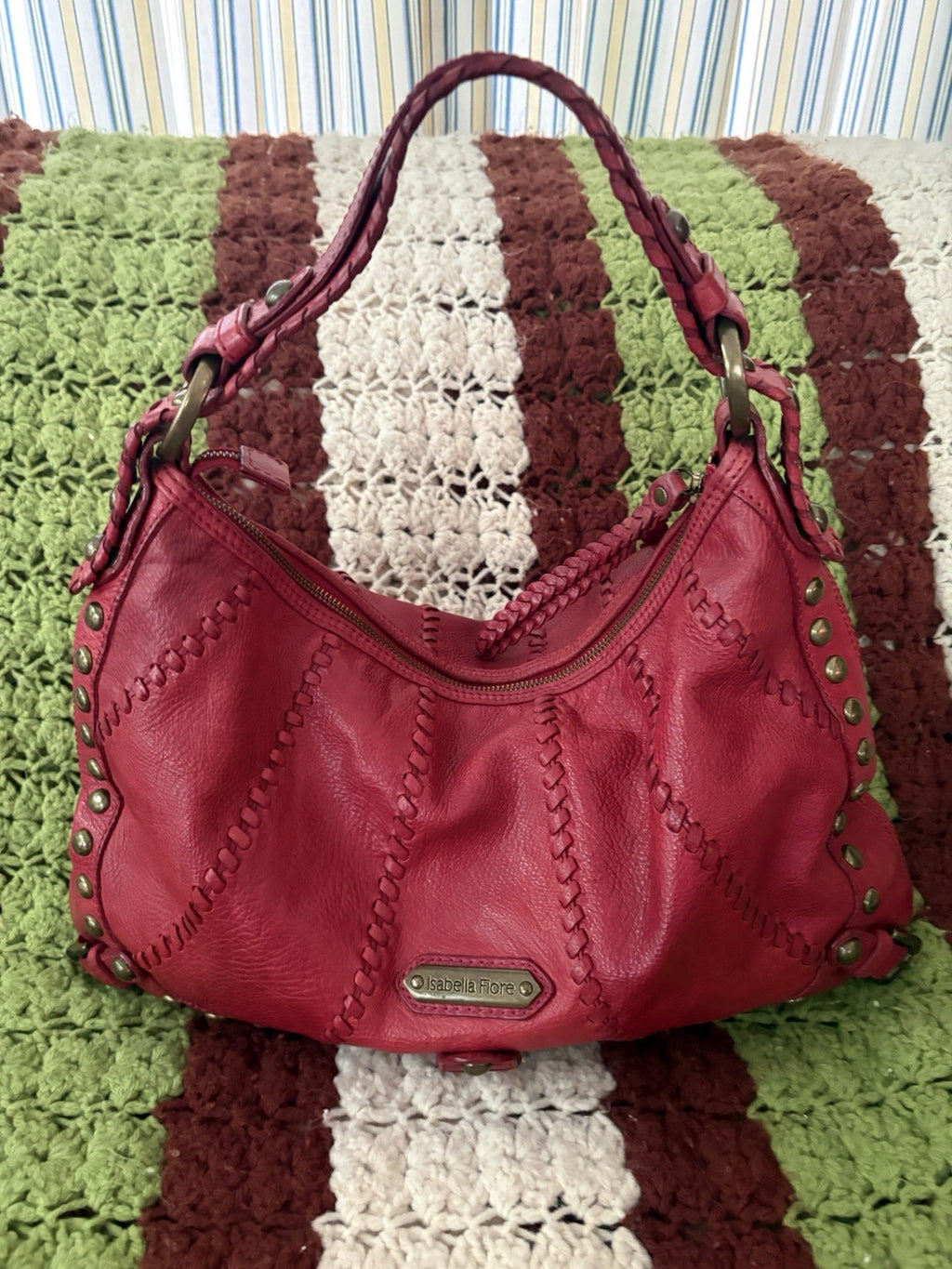 Isabella Fiore Audra Studded Leather Hobo Bag Red