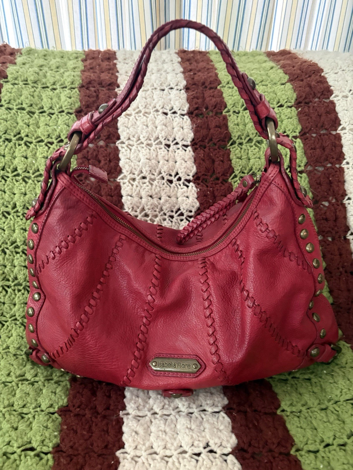 Isabella Fiore Audra Studded Leather Hobo Bag Red