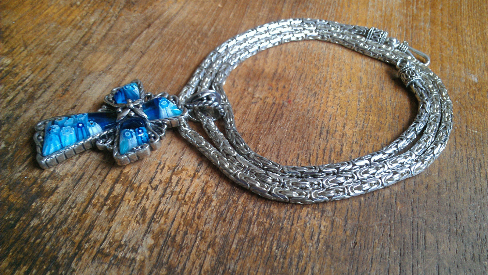 Sterling Silver Byzantine Chain Millefiori Glass Cross Alan K Murano ~ 67 Grams