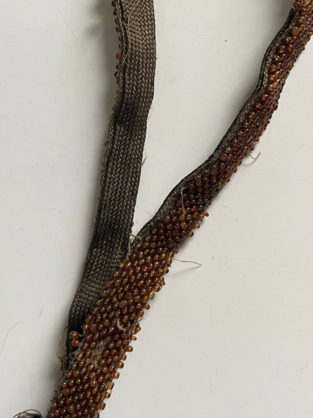 Antique Glass Seed Beaded Silk Lined Pouch Purse Floral Brown