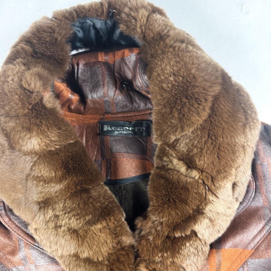 Vintage Brown Plaid Leather Jacket with Fur Collar