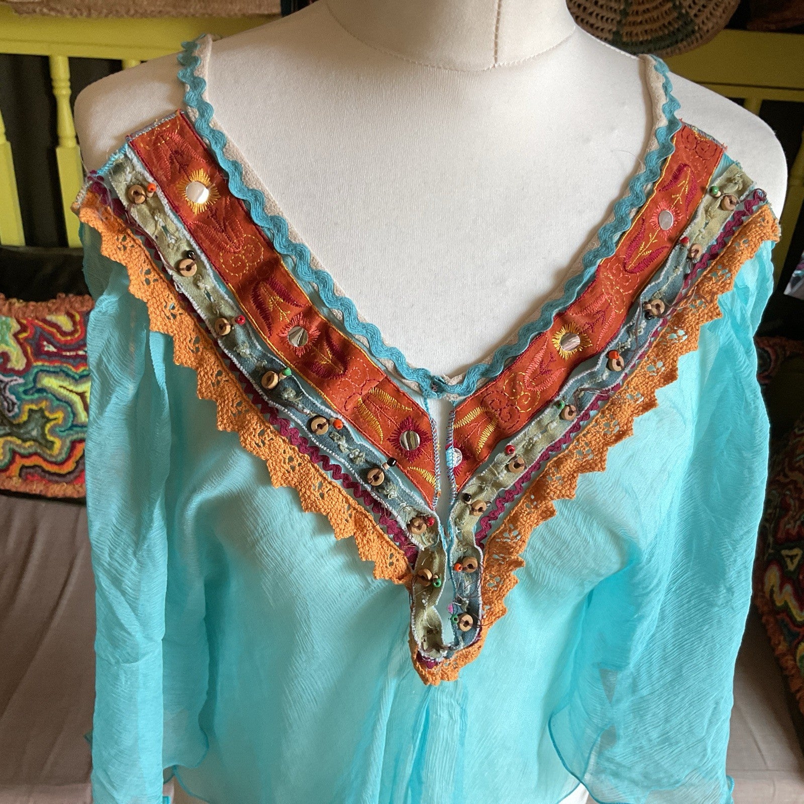 LM Lulu Paris Boho Beaded Silk Cami Top Size M