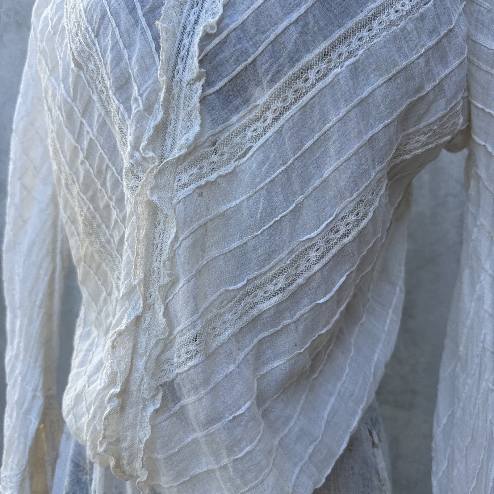 Antique Edwardian Bodice Bell Sleeve Pin Tucks Lace  Dress Blouse Top Vintage