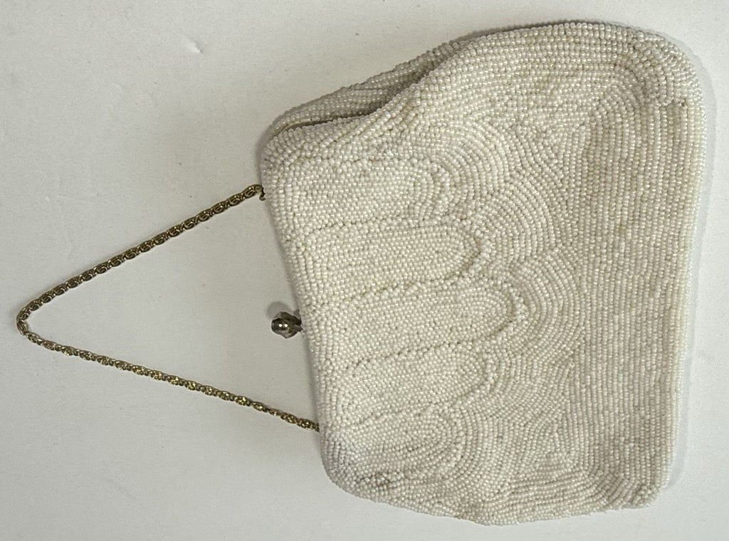 Vintage White Beaded Purse Clutch Bag Handbag Thin Gold Chain Handle
