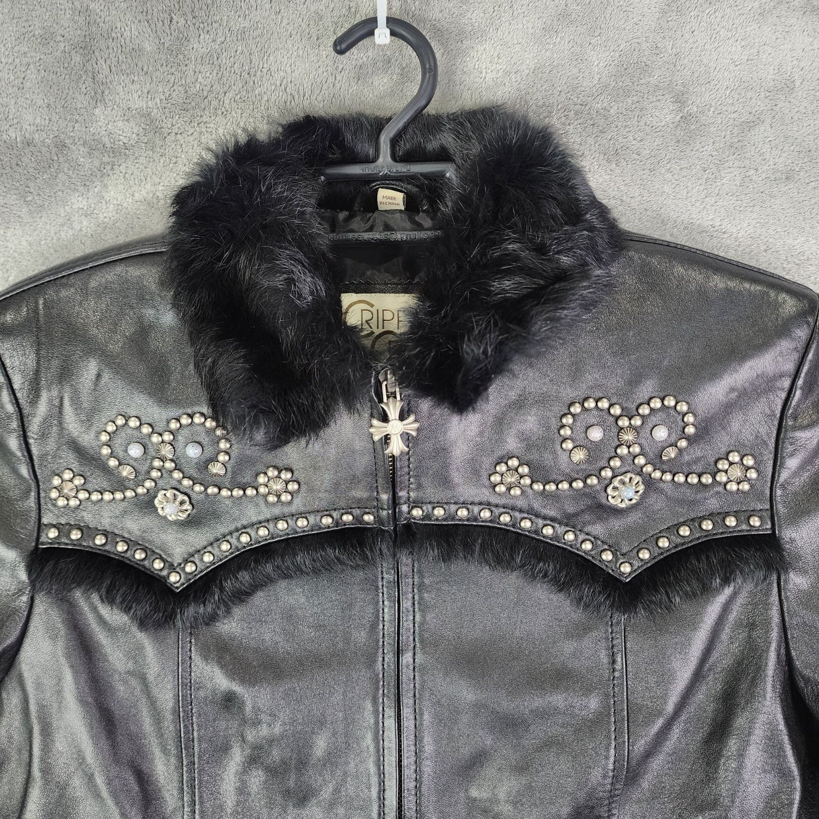 Cripple Creek Studded Black Leather Jacket with Faux Fur Large
