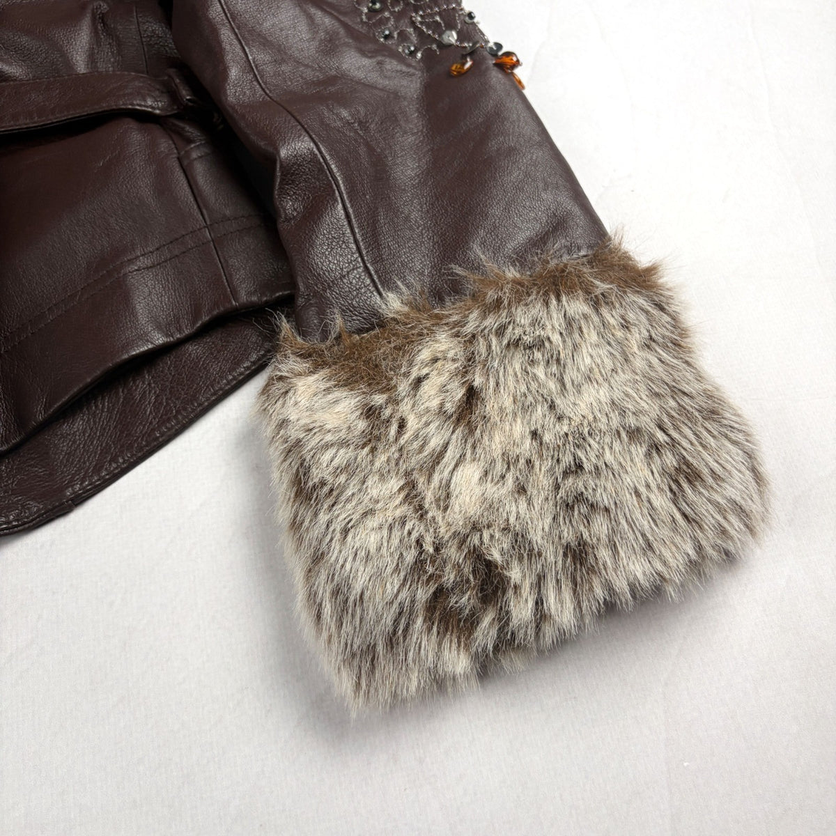 Together Vintage Leather Jacket Small Brown with Fur Trim