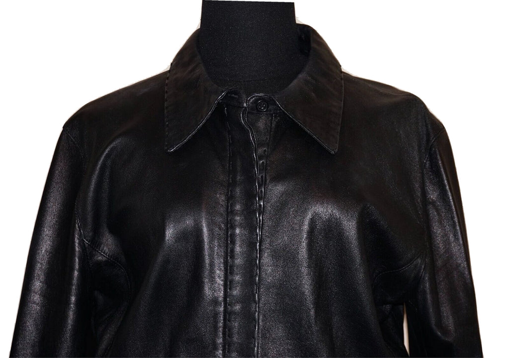 90's Vintage MARSHALL FIELD'S Black Leather Button Up Shirt LARGE *RUNS SMALL