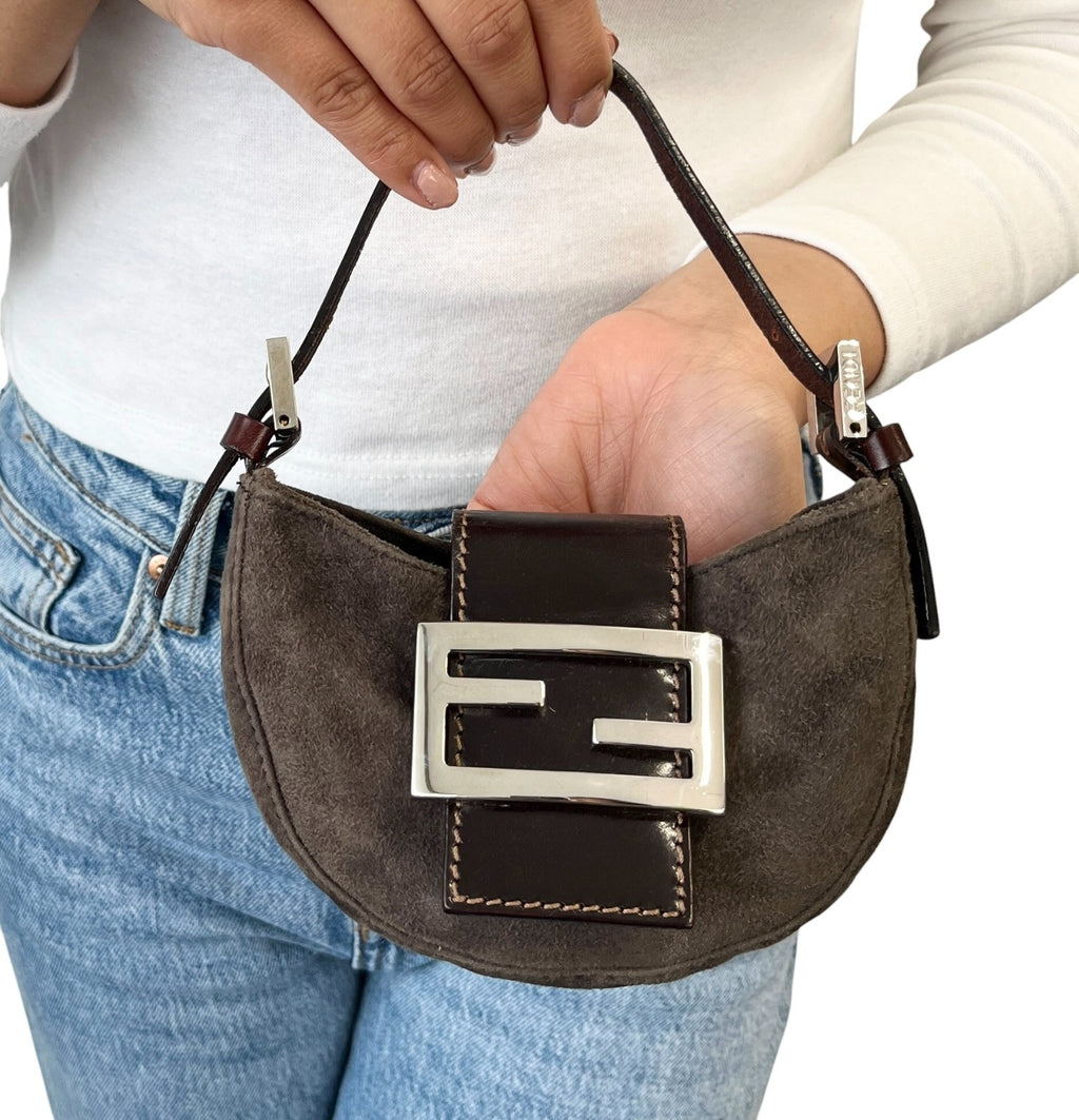 FENDI Vintage FF Logo Micro Croissant Suede Mini Bag Pochette Gray Brown Silver