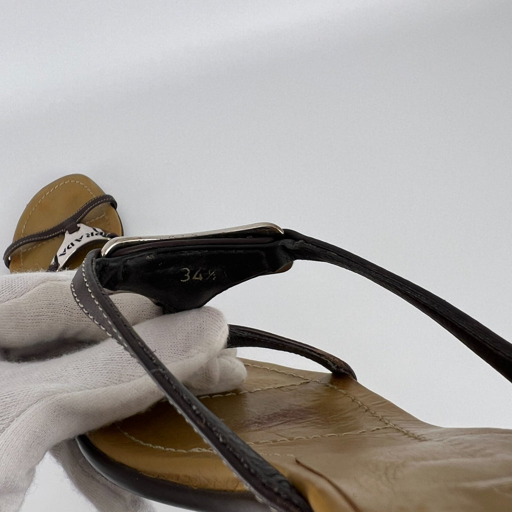 Prada | Auth Brown Leather Silver Logo Buckle Kitten Sandal Heels (34.5)