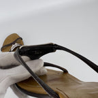 Prada | Auth Brown Leather Silver Logo Buckle Kitten Sandal Heels (34.5)