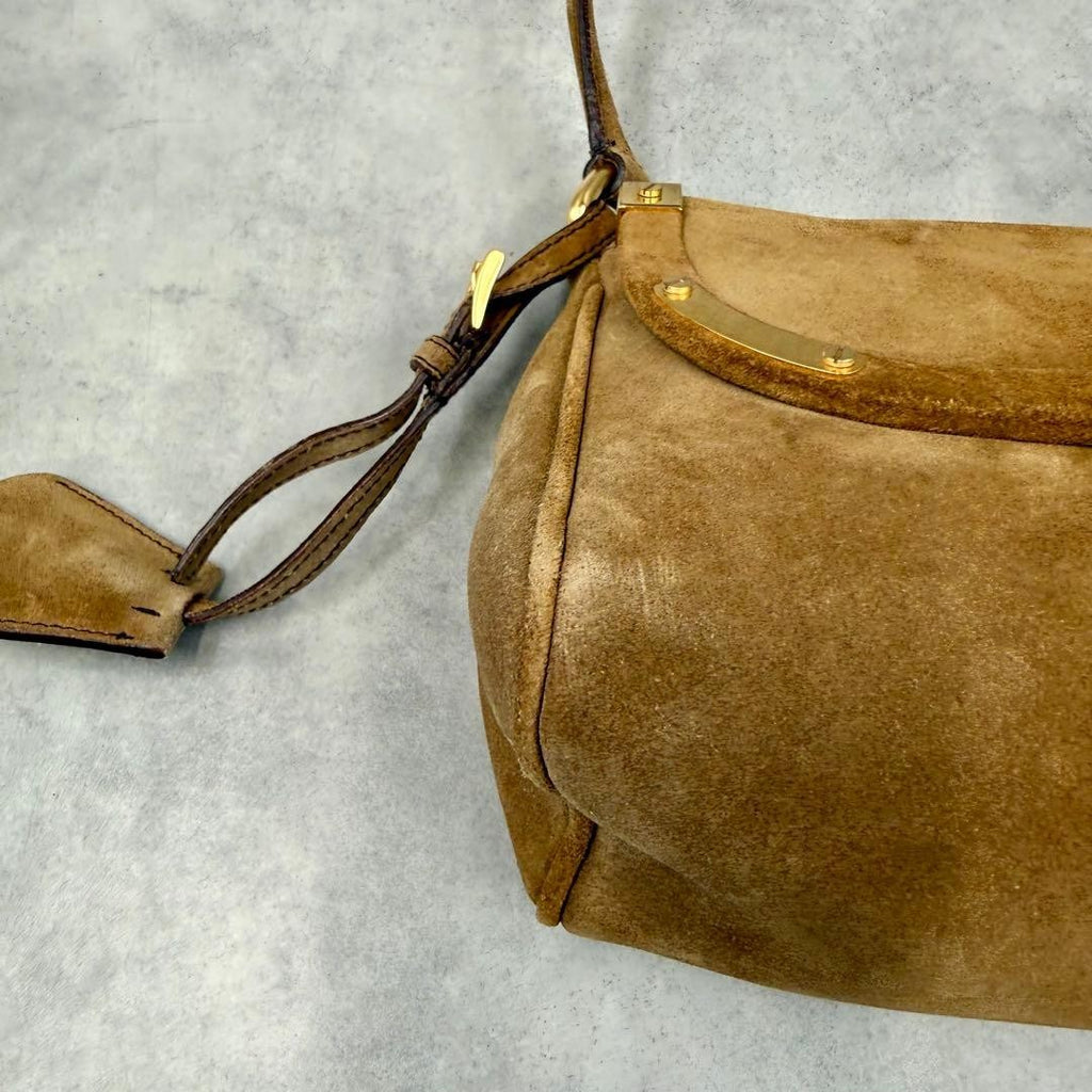 PRADA Y2K Shoulder Hand Hobo Bag Brown Suede Leather Women's Authentic Used