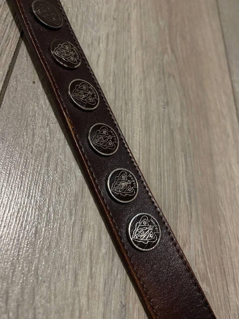 Vintage Gucci Belt Crest Patent Leather Monogram Brown Y2K Rare