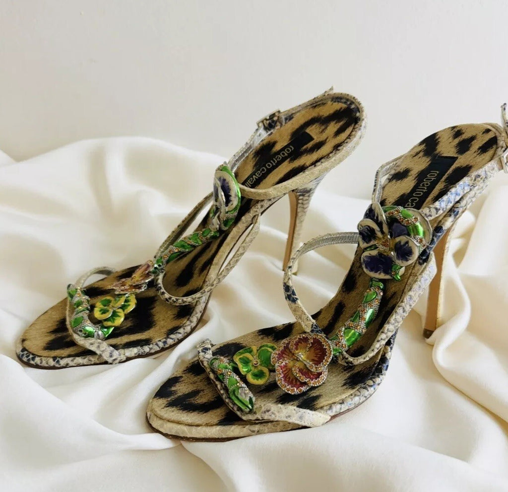 Roberto Cavalli 2000s Snake and Flower Enamel Rhinestone Heels