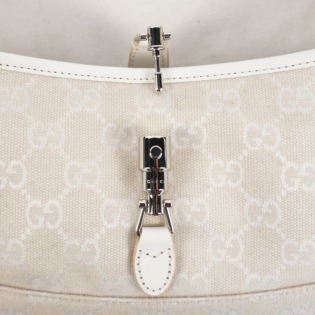 Gucci Jackie Slim Medium Shoulder Bag In Ivory GG Canvas W/ White Leather Trim