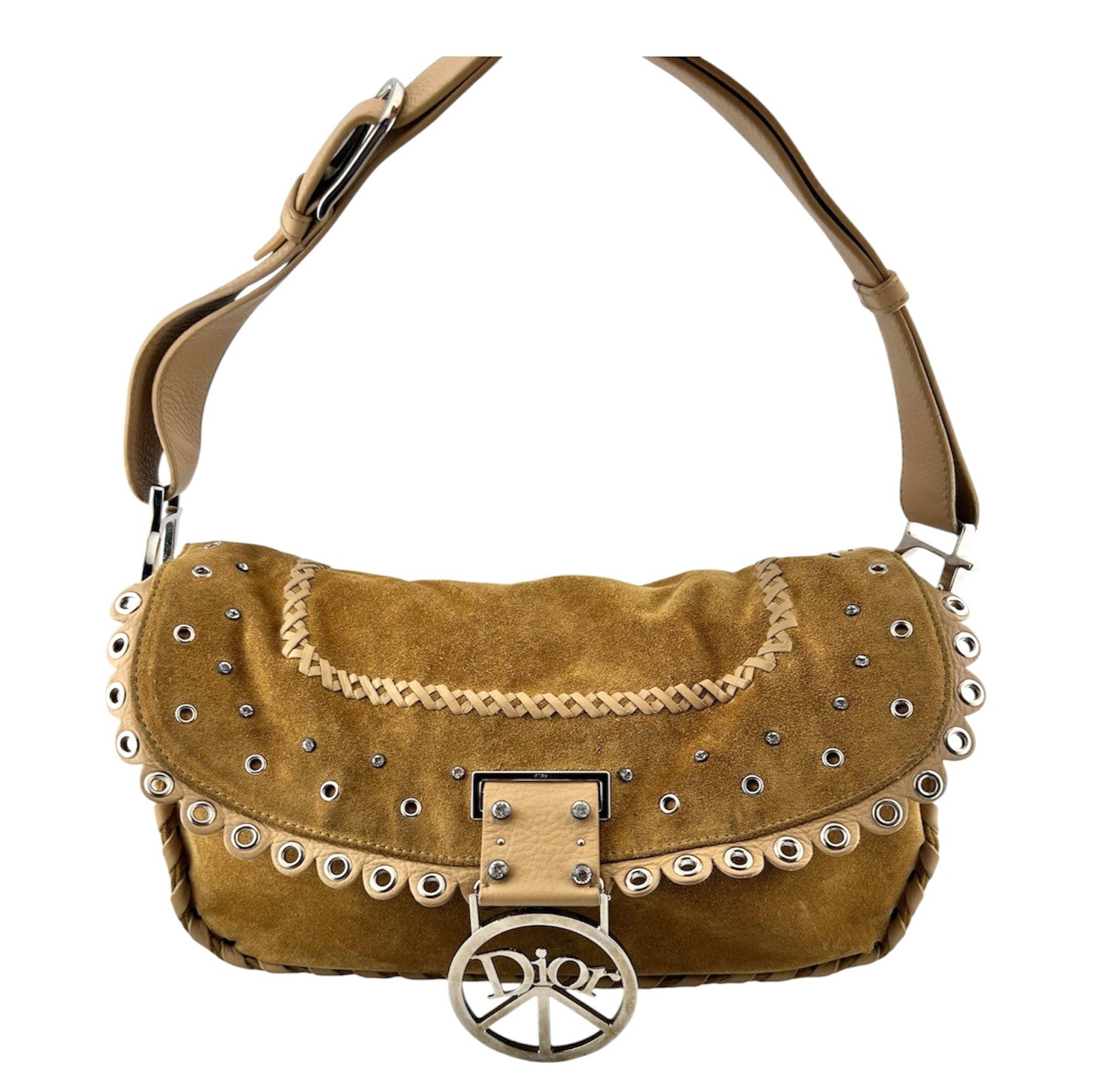 Vtg Christian Dior John Galliano Suede Crystal Peace & Love Bag Studded Y2K 2005