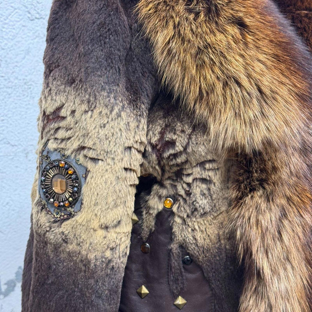 Vintage Brown Y2K Mixed-Media Embellished Real Fur & Leather Jacket